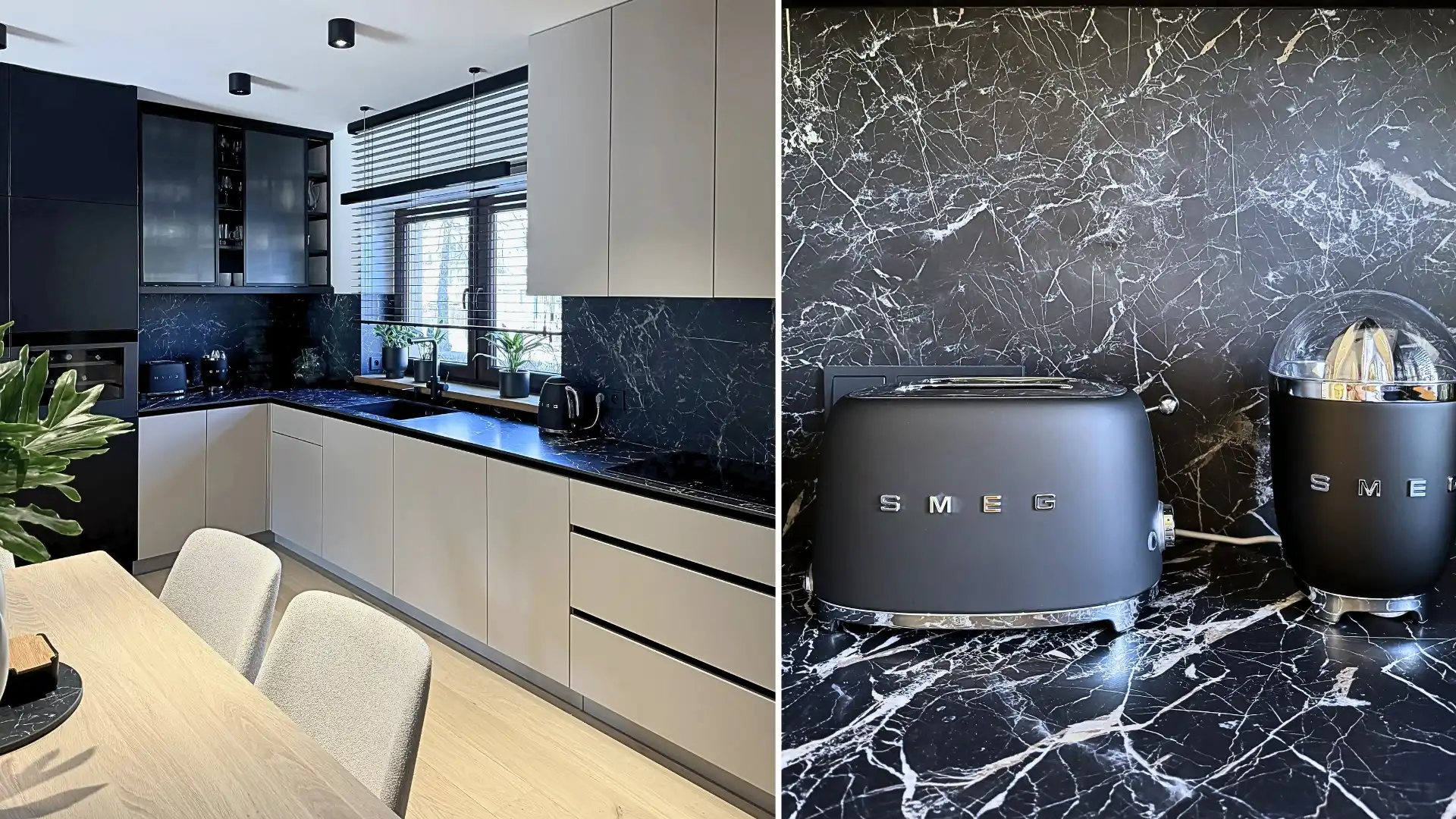 Elegancka kuchnia na wymiar z czarnym spiekiem, ukrytą zabudową i GROHE Blue